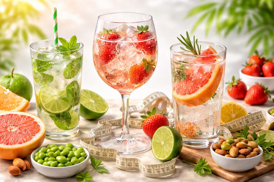 저칼로리 술과 가벼운 안주로 구성된 홈술 테이블