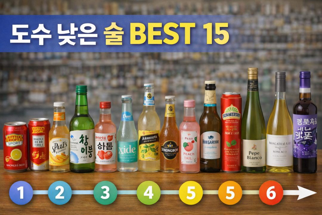 도수가 낮은 술과 탄산, 과일 가니시가 준비된 홈바 테이블