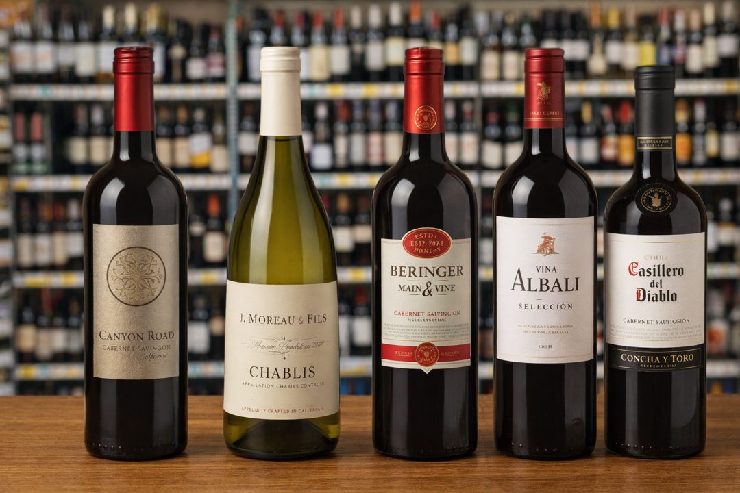 마트 와인 코너에 진열된 다양한 레드와인과 화이트와인