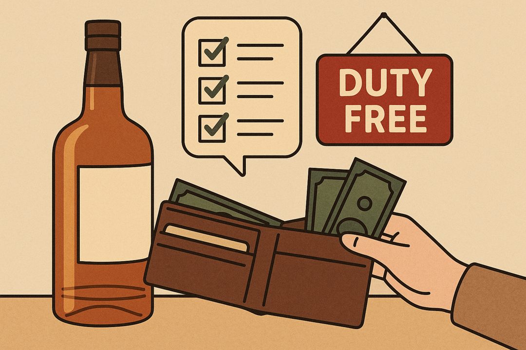 공항 면세점에서 주류를 비교하며 고르는 여행자 이미지