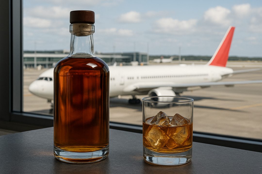 공항 면세점 주류 코너와 위스키 진열대