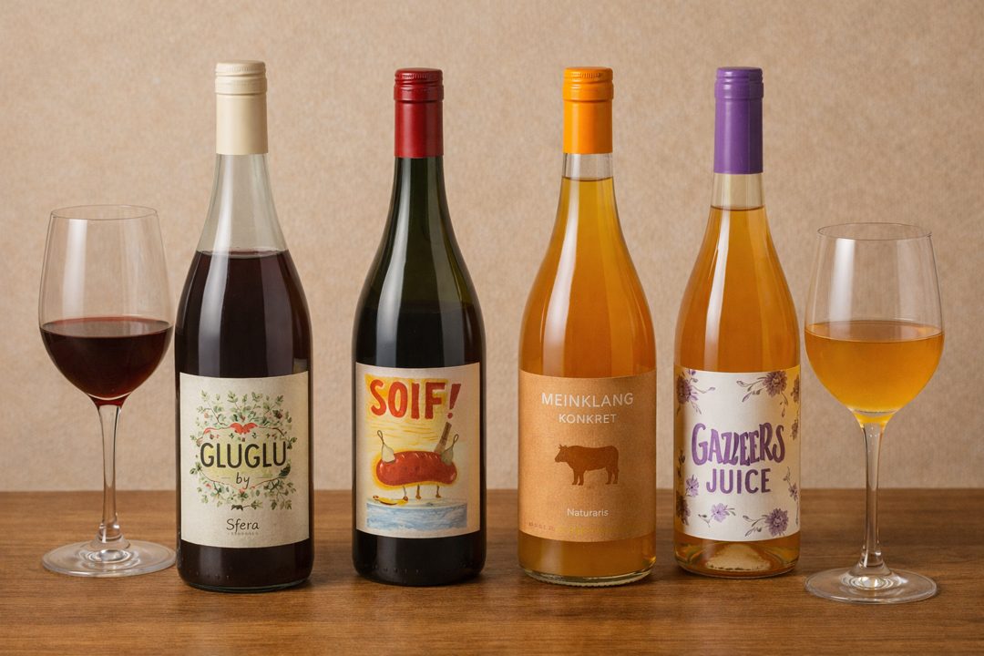 내추럴 와인과 오렌지 와인이 나란히 놓인 테이블