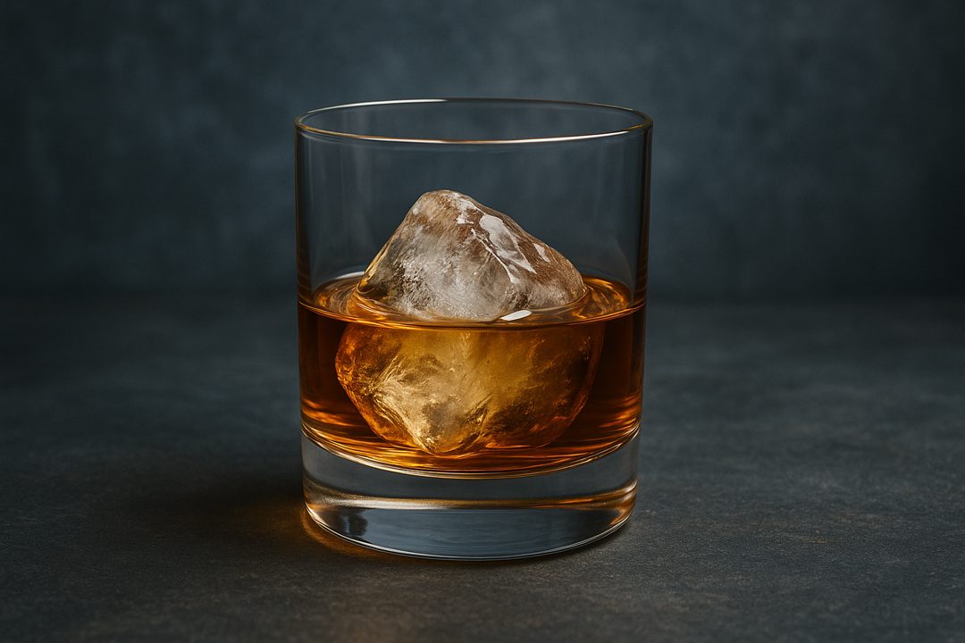 위스키 온더락 잔과 얼음이 놓인 바 테이블