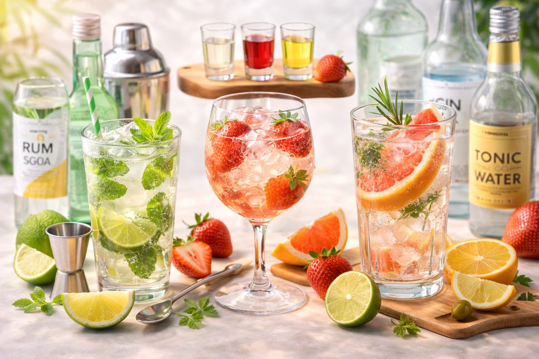 과일과 탄산수, 얼음이 있는 저도수 칵테일 홈텐딩 장면