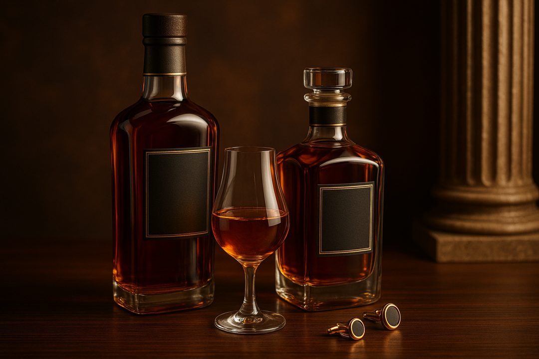 프리미엄 위스키 트렌드 분석 이미지, 고급 위스키 병과 잔
