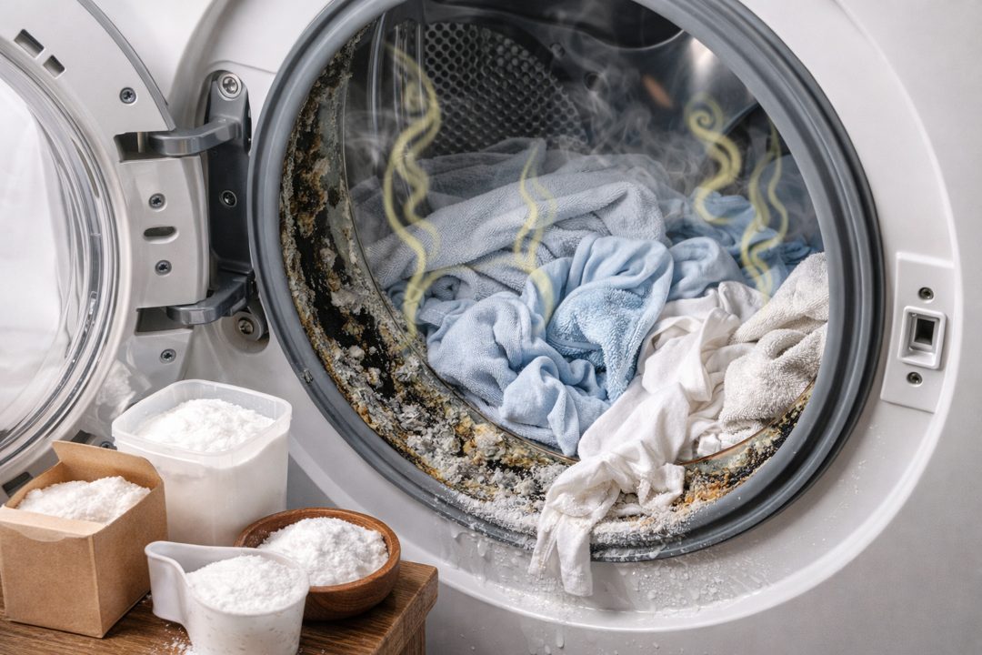 세탁기 내부와 빨래에서 냄새가 나는 원인을 설명하는 이미지