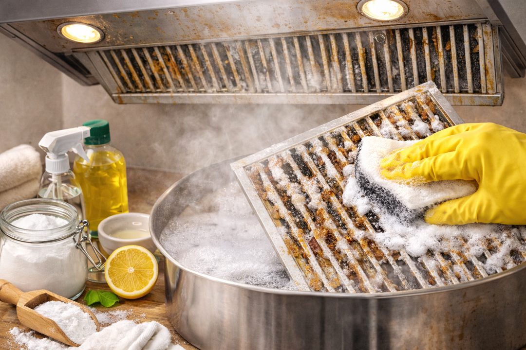 기름때가 심하게 낀 주방 후드와 필터 청소 전 모습