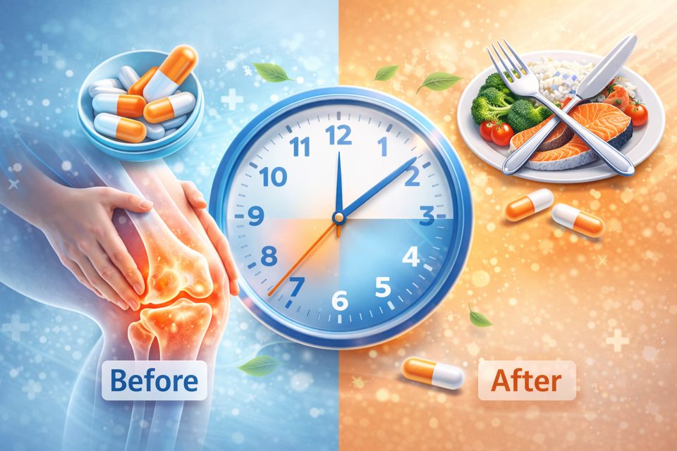 관절약 복용 시간과 식전 식후 기준을 안내하는 관절 건강 가이드 이미지
