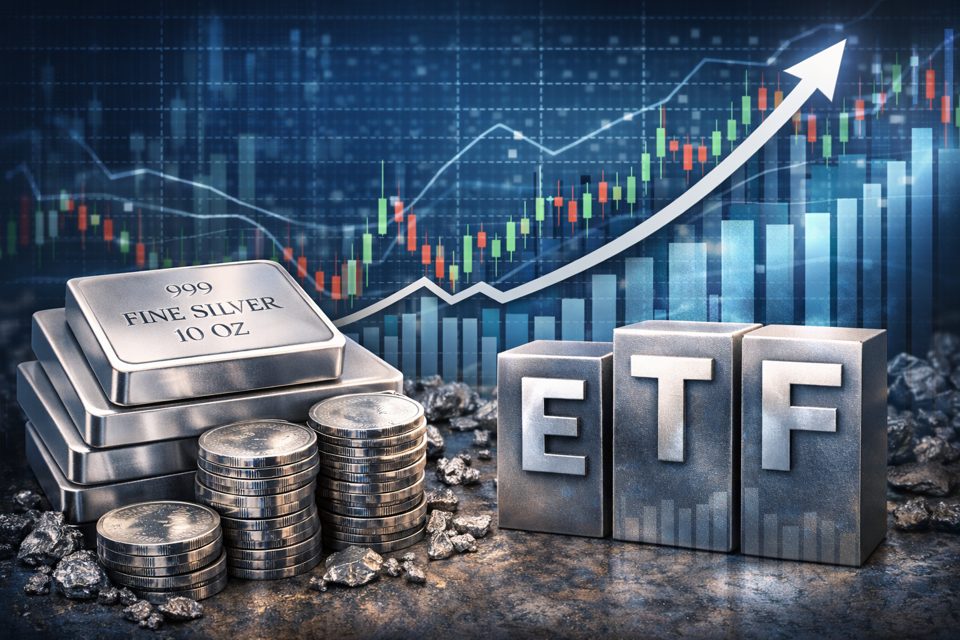 은괴와 금융 차트가 함께 있는 국내 은 ETF 설명용 이미지