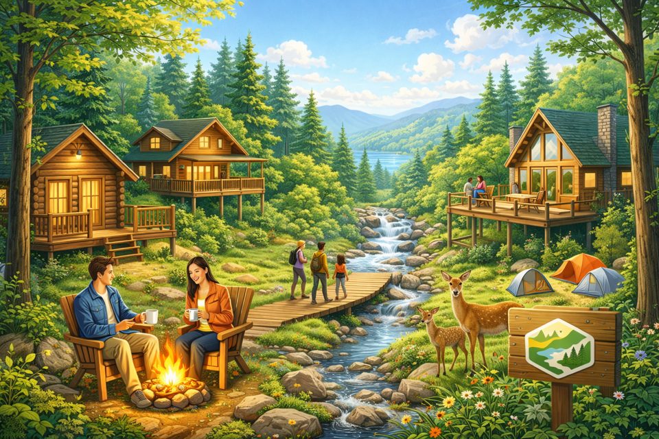 숲속 숙소와 산림 휴양 시설을 상징하는 국립자연휴양림 안내 이미지