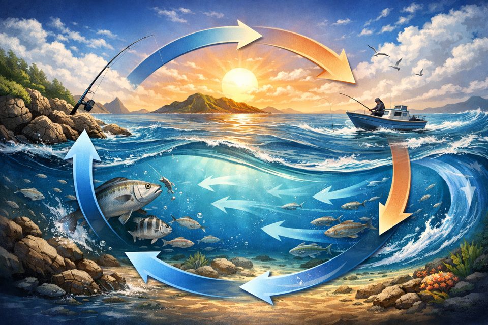 바다 낚시 물때와 조류 흐름을 설명하는 이미지