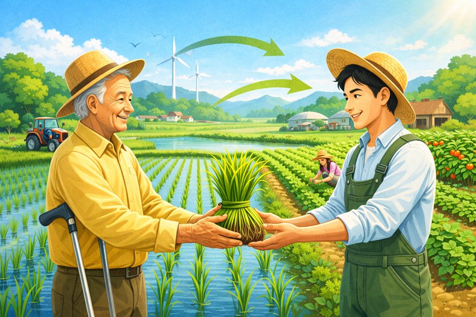 고령 농업인이 농지를 청년농에게 이양하는 모습을 상징하는 은퇴직불 안내 이미지