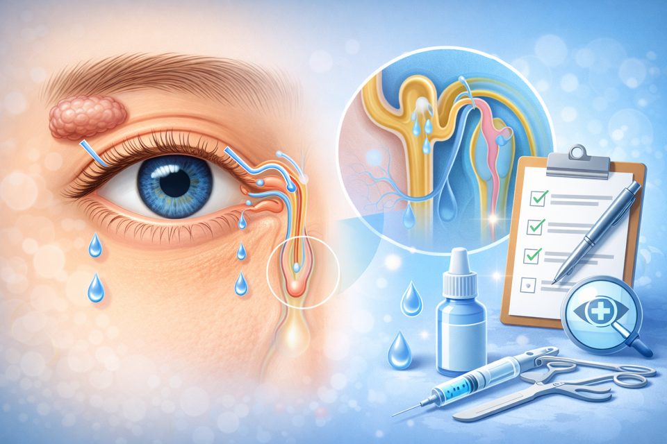 눈물샘과 눈물길(누도) 구조, 수술·시술 정보를 상징하는 안내 이미지