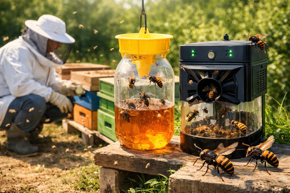 양봉농가에서 말벌 포획 장비를 활용해 벌통을 보호하는 모습 이미지