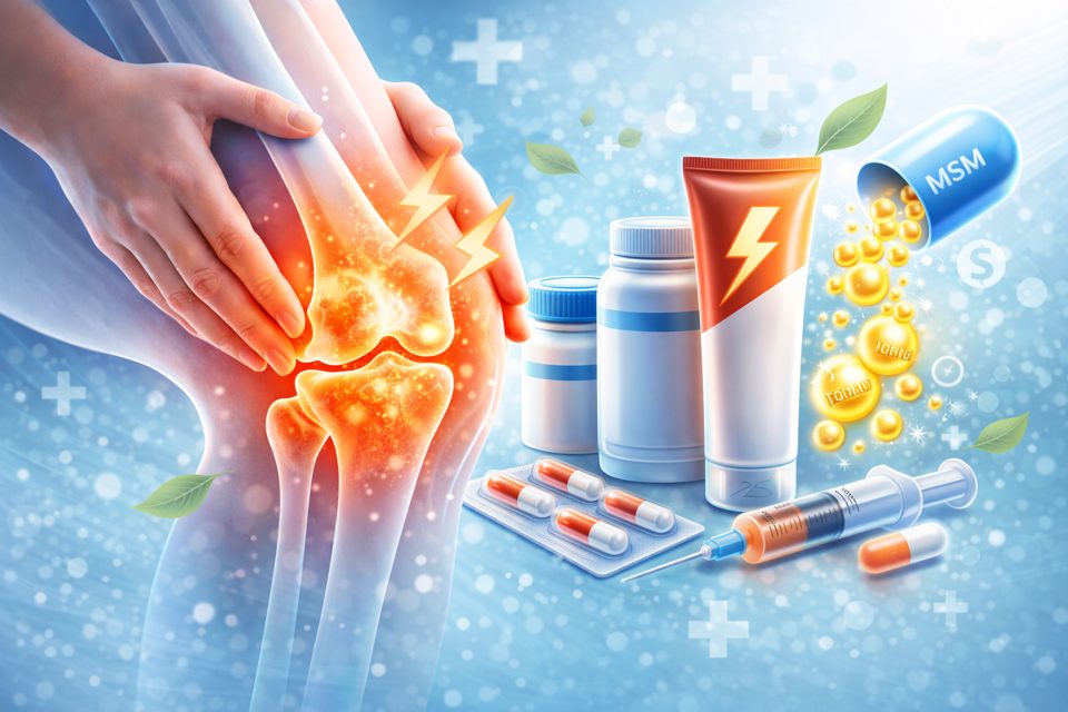 무릎 통증과 무릎 관절약 종류를 설명하는 관절 건강 가이드 이미지