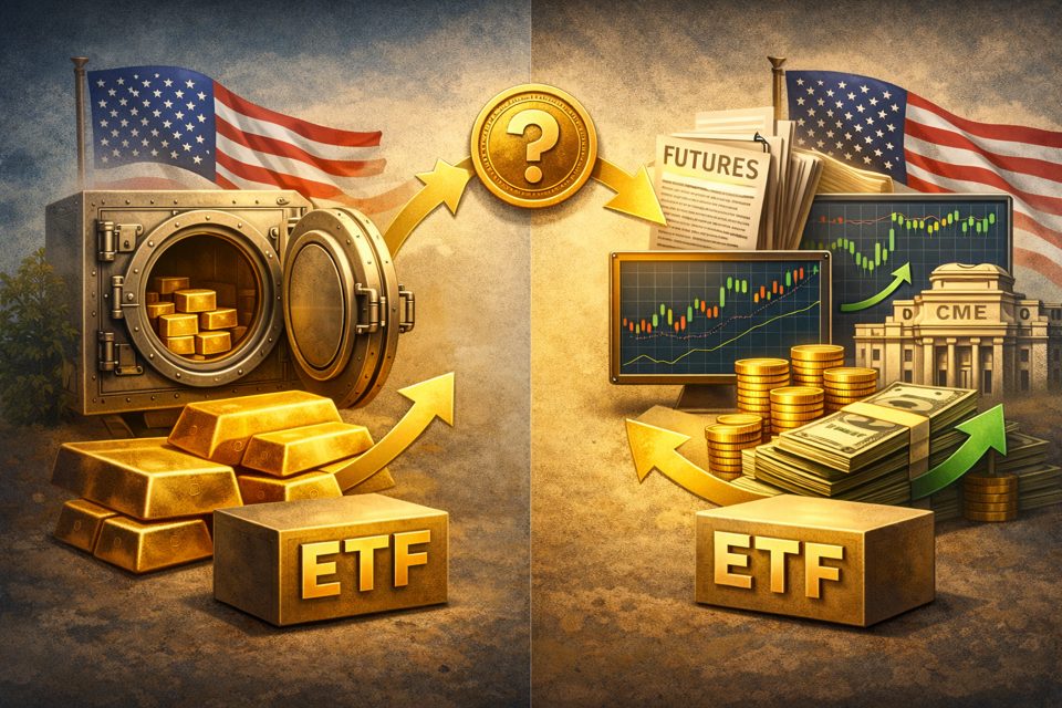 그래프와 금괴 이미지가 함께 있는 투자 비교 이미지, 금 ETF 구조 분석을 상징