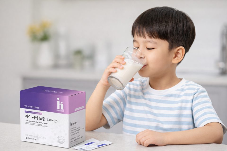 성장기 아이가 분말형 영양제를 섭취하는 모습 이미지