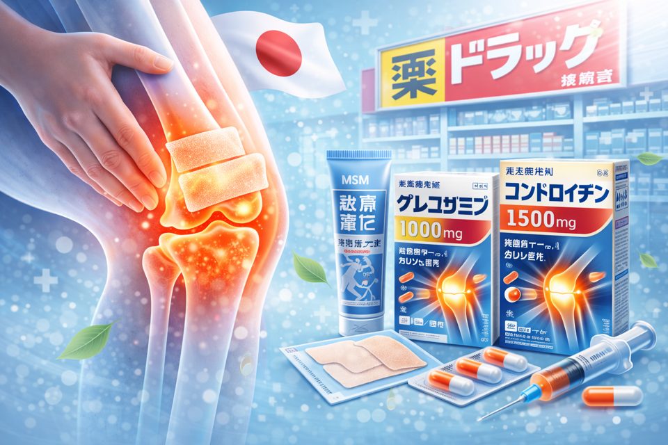 일본 드럭스토어 무릎 관절약과 파스 제품을 설명하는 가이드 이미지