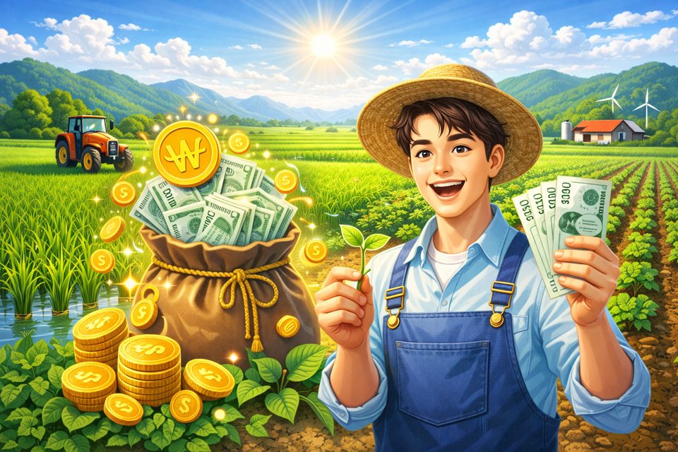청년 농업인이 농장에서 영농을 시작하는 모습을 상징하는 지원금 안내 이미지