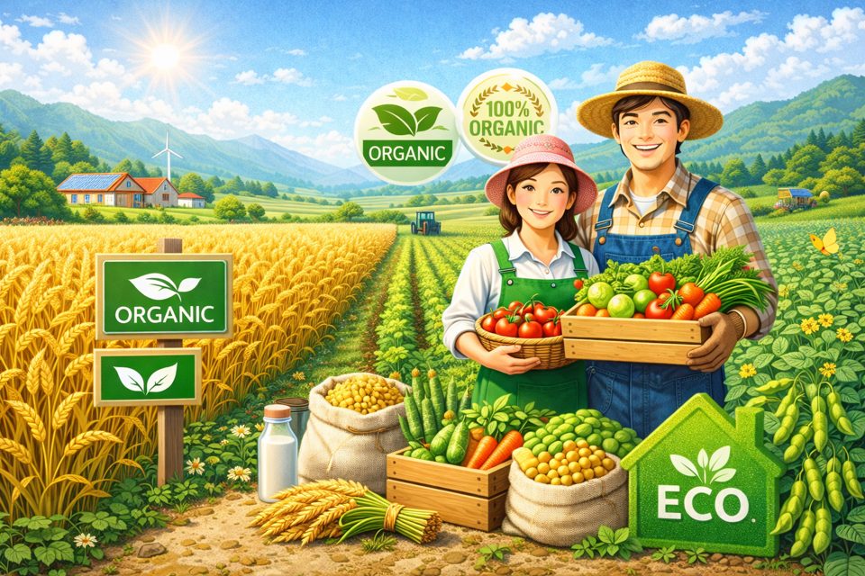 친환경 인증 농지와 유기농 재배를 상징하는 친환경농업직불 안내 이미지