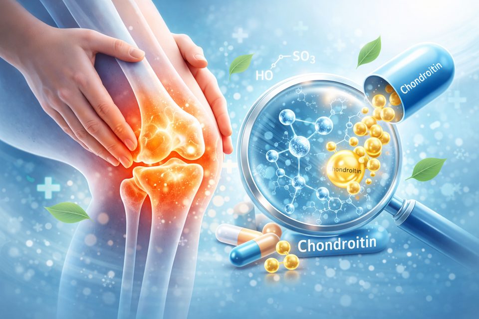 무릎 관절과 콘드로이친 성분을 설명하는 관절 건강 안내 이미지