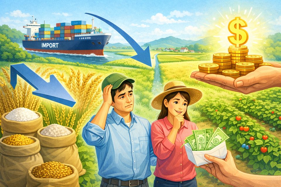 FTA 수입 증가로 인한 가격 하락 피해를 보전하는 직불금 제도를 상징하는 이미지