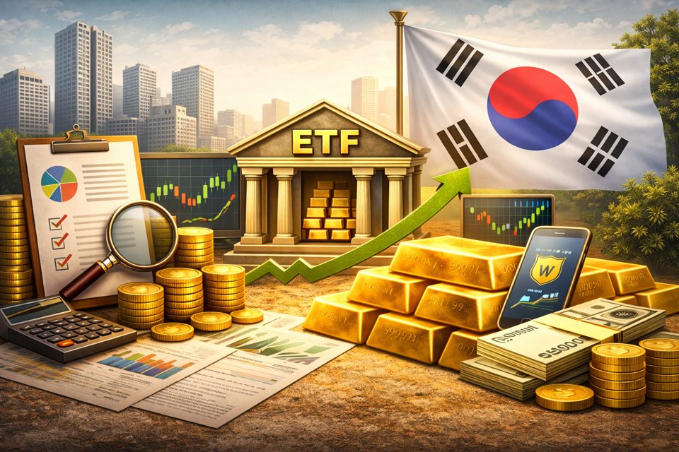 주식 앱으로 ETF를 매수하는 화면과 금 이미지가 함께 있는 장면