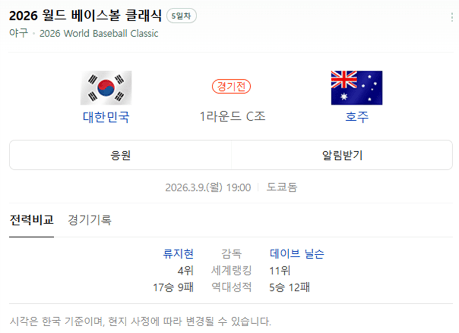 WBC 야구 경기 대표팀 경기 이미지