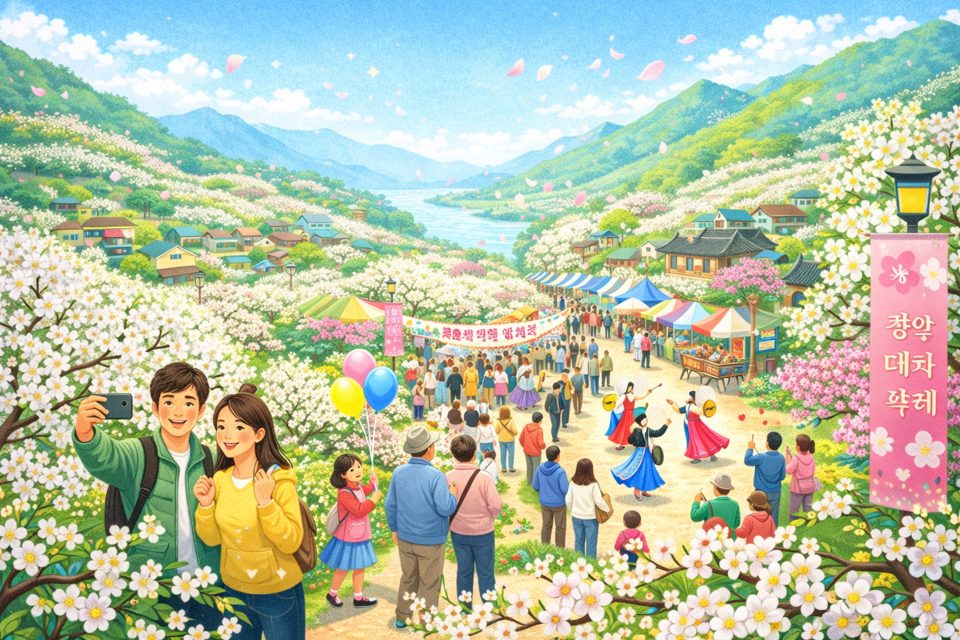매화꽃이 만개한 광양 매화마을과 봄 축제 풍경 이미지