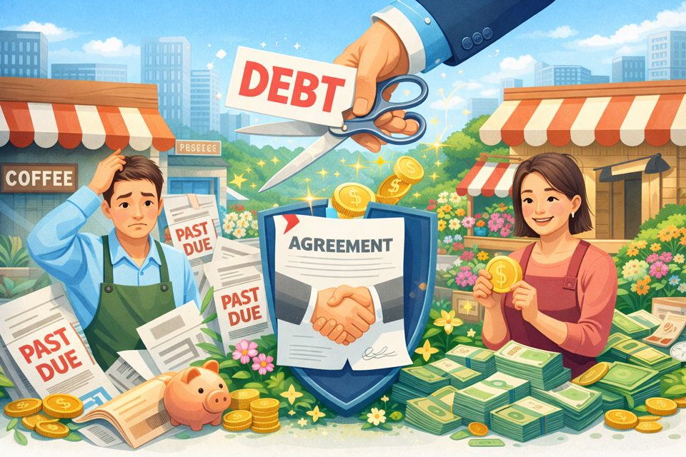 소상공인 부채 부담 완화와 금융 지원을 상징하는 채무조정 이미지